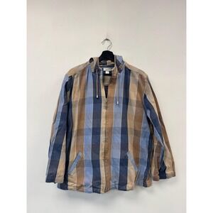 Vintage Christopher & Banks Jacket Womens XL Blue Brown Plaid Hooded Zip Front